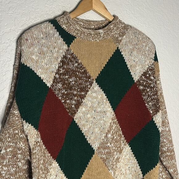 Vintage 90s Y2K Sweater Size 18W Shoulder Pads Argyle Brown Tan Fall Grandma - Picture 2 of 7